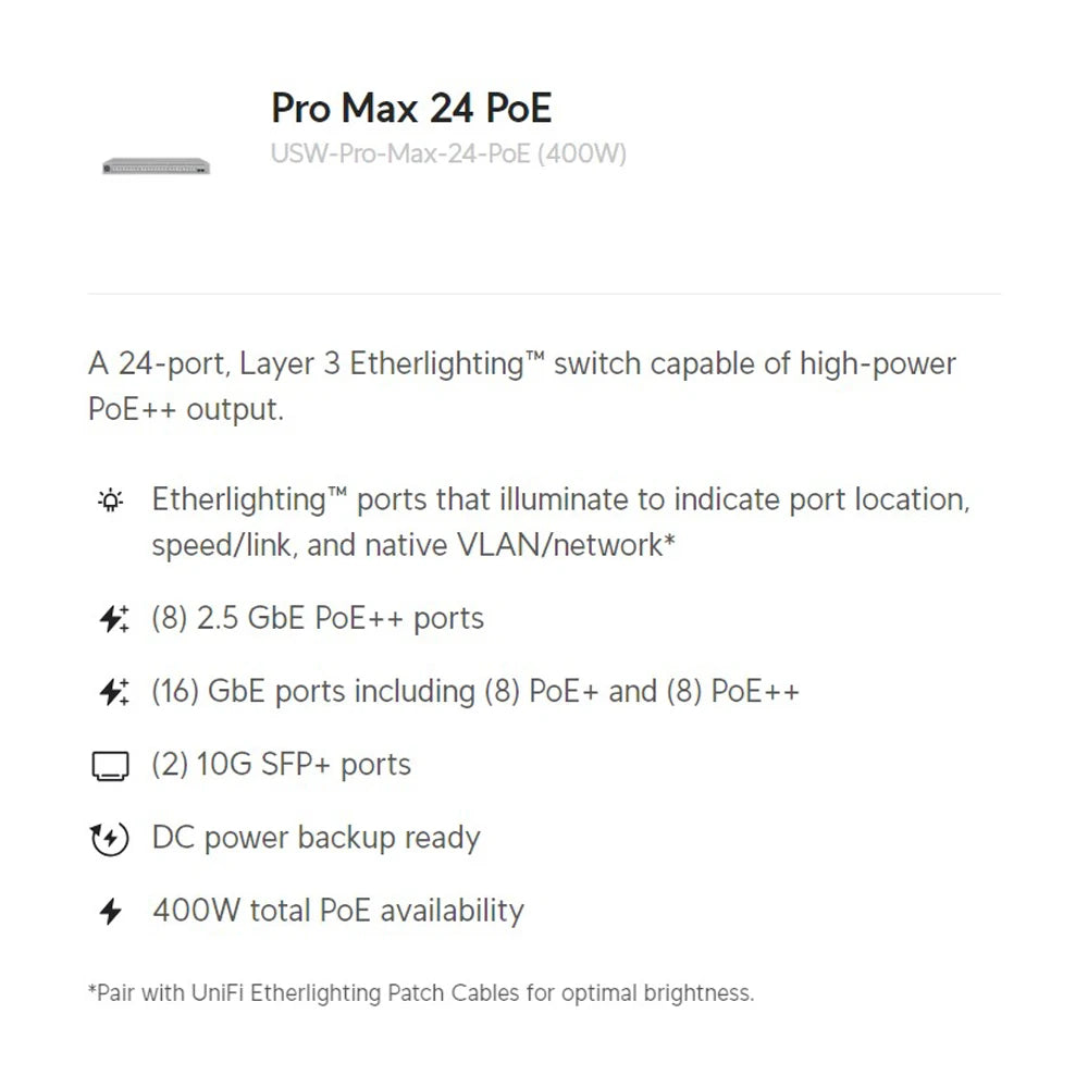 UBIQUITI USW-Pro-Max-24-PoE (400W) Pro Max 24 PoE Layer 3 Etherlighting PoE Switch Capable Of High-Power PoE++ Output, 2.5 GbE