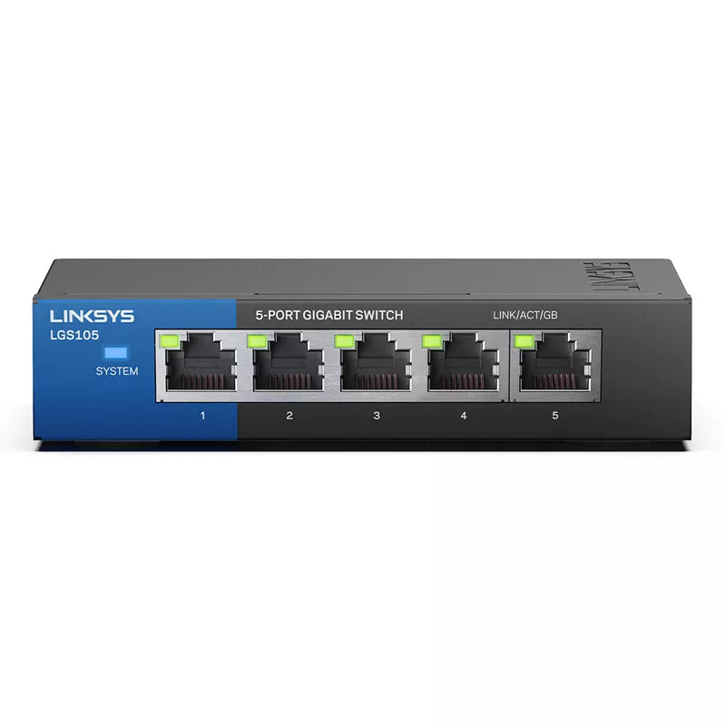 LINKSYS LGS105 Conmutador Gigabit de escritorio empresarial de 5 puertos Velocidad de conexión por cable de hasta 1000 Mbps Puerto de detección automática de 5 Gigabit Ethernet 