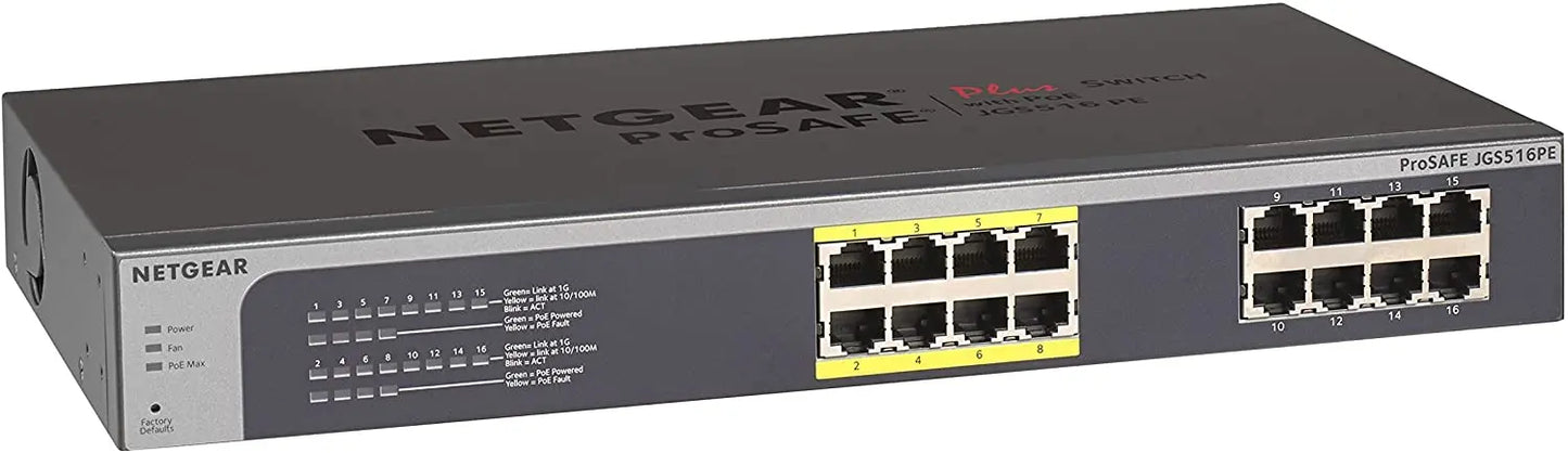 NETGEAR JGS516PE ProSafe Plus Ethernet Switch 16 Ports 8xPOE 8xRJ-45 10/100/1000Base-T Desktop