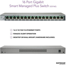 Lataa kuva Galleria-katseluun, NETGEAR GS116E 16-Port Gigabit Ethernet Smart Managed Plus Switch, Desktop, and ProSAFE Limited Lifetime Protection

