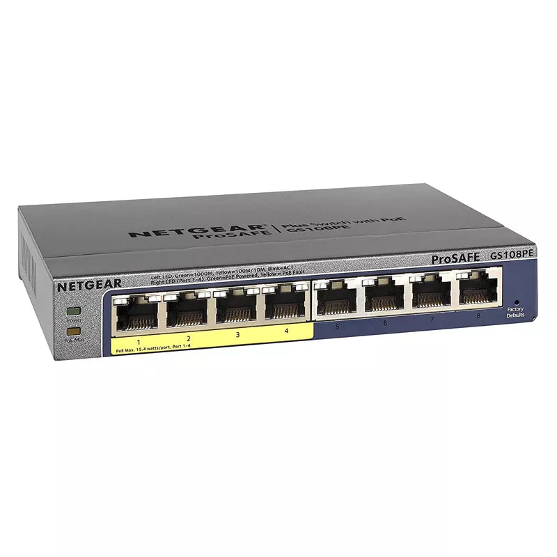 8-портовый интеллектуальный управляемый коммутатор Gigabit Ethernet NETGEAR GS108PE с поддержкой PoE и 4 портами PoE мощностью 53 Вт и защитой ProSAFE на весь срок службы 