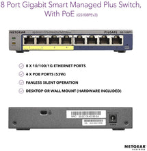 Ladda upp bild till gallerivisning, NETGEAR GS108PE 8-Port Gigabit Ethernet Smart Managed Plus PoE Switch with 4 x PoE 53W, and ProSAFE Limited Lifetime Protection
