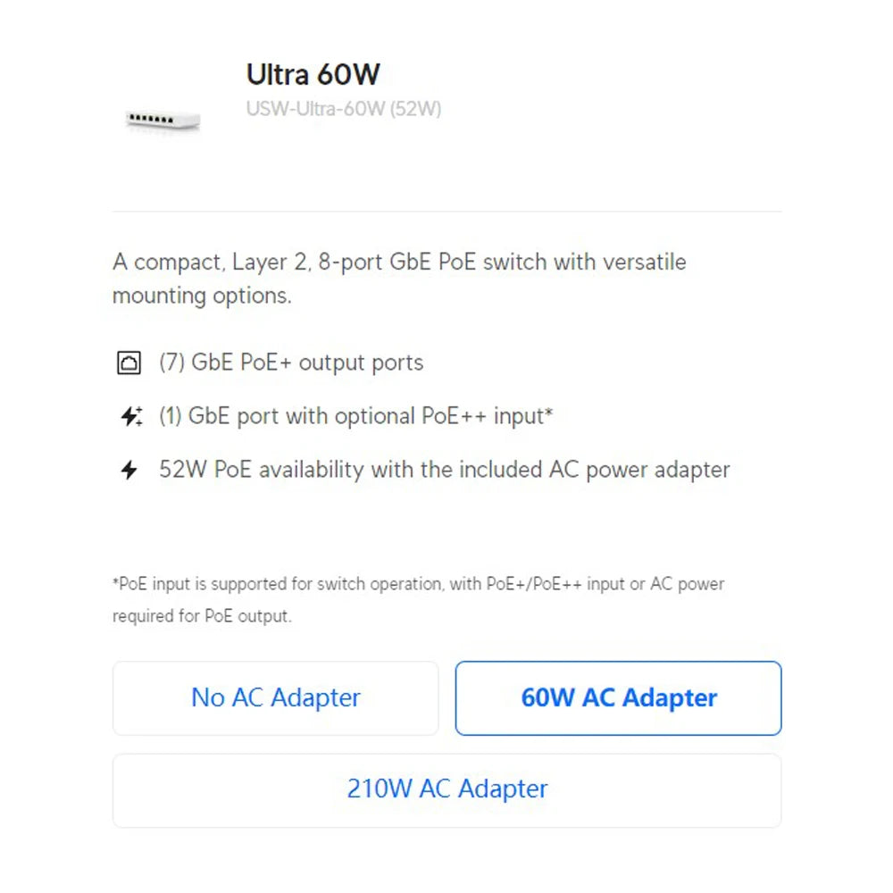 UBIQUITI Ultra USW-Ultra (42W), USW-Ultra-60W (52W), USW-Ultra-210W (202W), Layer 2, 8-Port GbE PoE Switch PoE+/PoE++