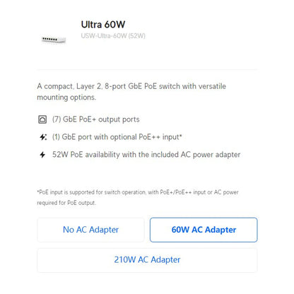 UBIQUITI Ultra USW-Ultra (42W), USW-Ultra-60W (52W), USW-Ultra-210W (202W), Layer 2, 8-Port GbE PoE Switch PoE+/PoE++