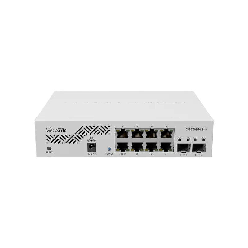 MikroTik CSS610-8G-2S+IN Cloud Smart Switch, ocho puertos Ethernet 1G y dos puertos SFP+ para conectividad de fibra 10G, filtros MAC