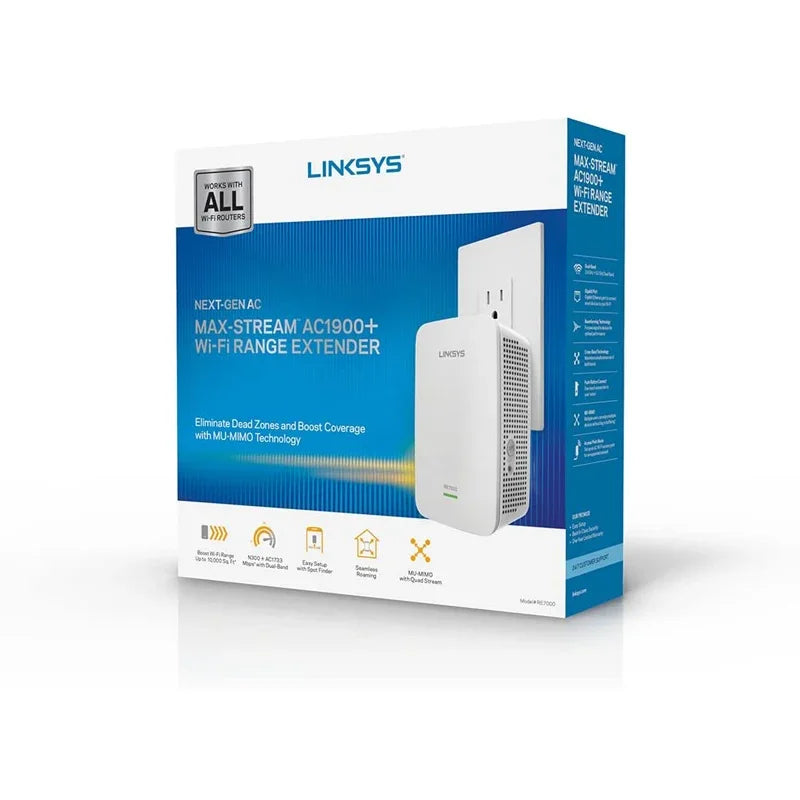 LINKSYS RE7000 Range Extender Max-Stream AC1900+ WiFi Extender 802.11AC MU-MIMO, 2500 Sq.Ft Easy Setup