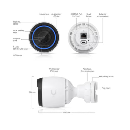 UBIQUITI UVC-G5-PRO Camera G5 PRO 4K (8MP) Video Resolution 3x Optical Zoom 25M (82Ft) IR Night Vision, AI Event Detections, PoE