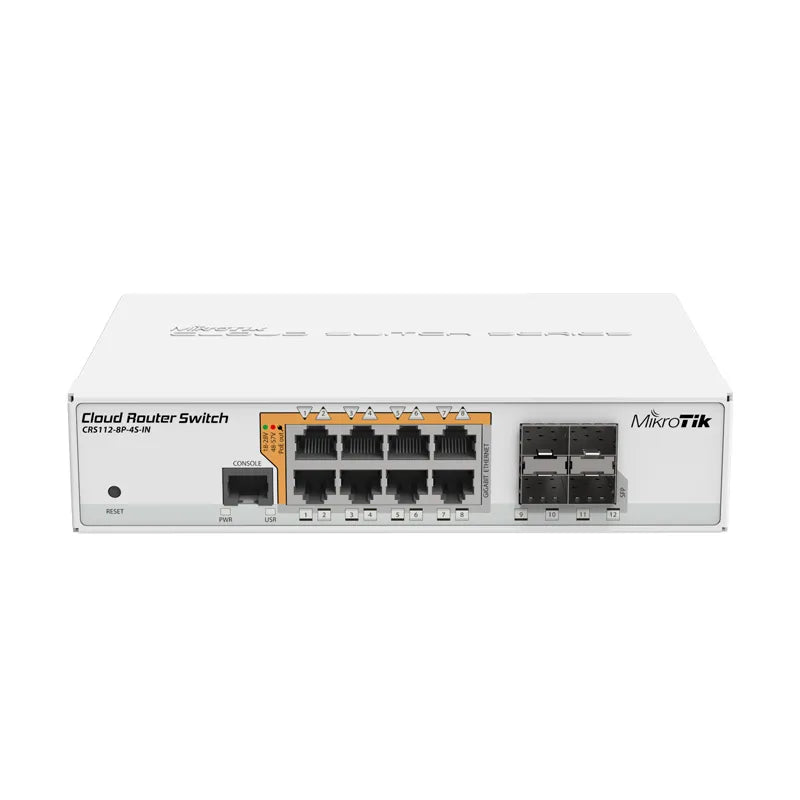 Mikrotik CRS112-8P-4S-IN 8xGigabit Ethernet Smart PoE Switch with PoE-out, 4xSFP cages, 400MHz CPU, 128MB RAM, desktop case