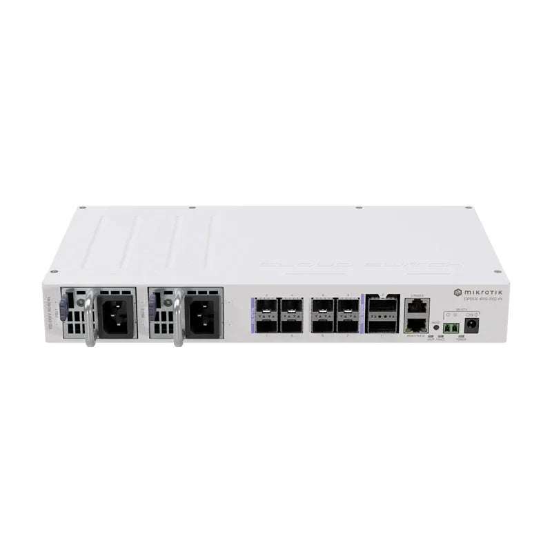 Mikrotik CRS510-8XS-2XQ-IN L3 Switch 2x100Gigabit QSFP28 Ports, 8x25Gigabit SFP28 Ports, Dual Hot-Swap Power Supplies, VLANs ACL