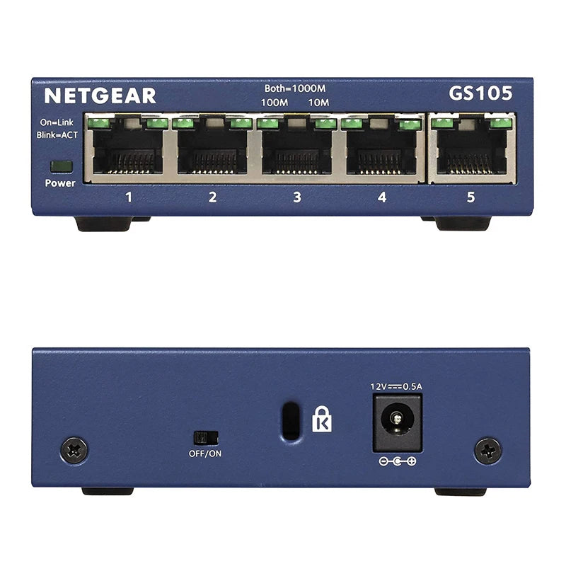 Netgear GS105 Gigabit Switch 5-Port 10/100/1000 Gigabit Ethernet ,Bandwidth 10 Gbps ,Unmanaged Desktop Switch