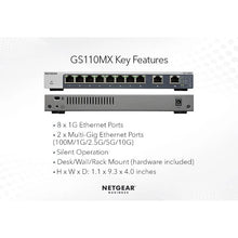 Charger l&#39;image dans la galerie, NETGEAR GS110MX Unmanaged Switch 10 Gigabit/Multi-Gigabit 8 Port Gigabit Ethernet, with 2 Port 5 Speed 56Gbps Bandwidth
