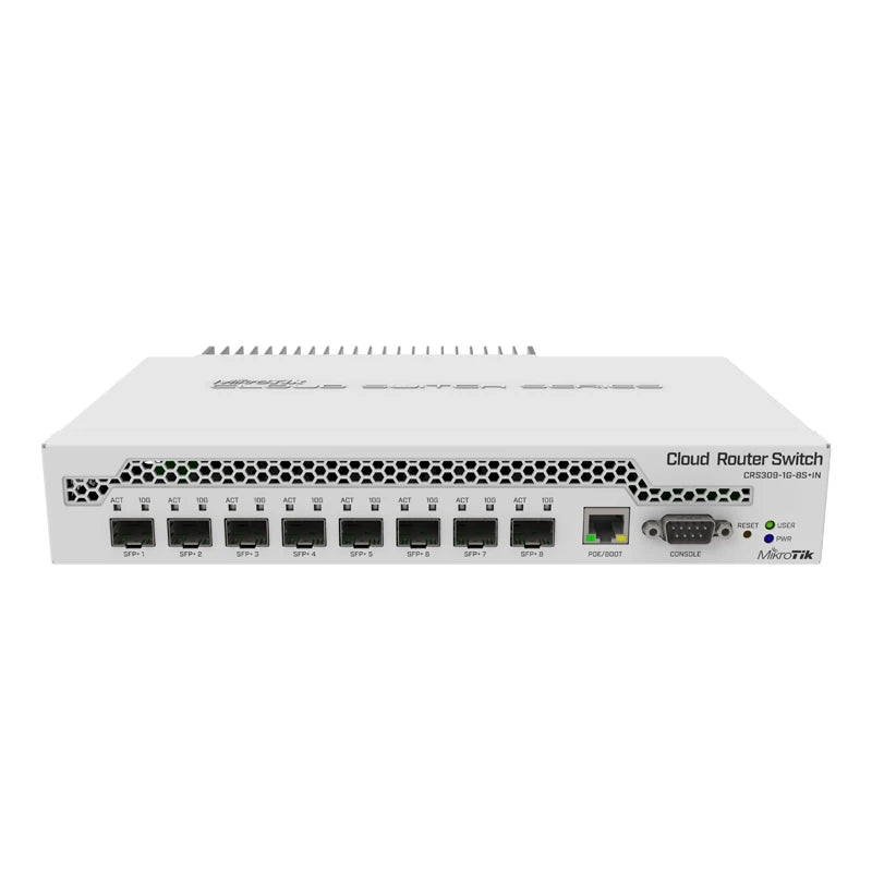 Mikrotik CRS309-1G-8S+IN Switch de Escritorio con 1 puerto Gigabit Ethernet y 8 puertos SFP+10Gbps, capacidad de conmutación de 162 Gbps 