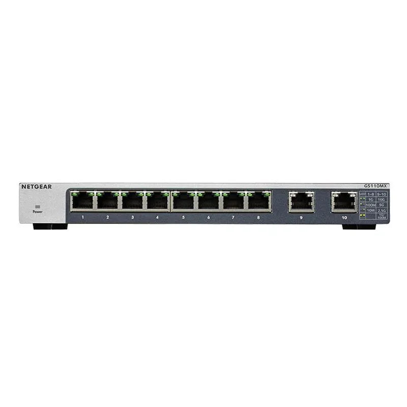 Conmutador no administrado NETGEAR GS110MX 10 Gigabit/Multi-Gigabit 8 puertos Gigabit Ethernet, con 2 puertos 5 velocidades 56Gbps ancho de banda 