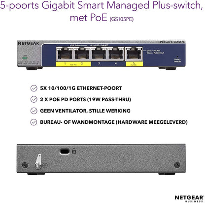 NETGEAR GS105PE Gigabit Plus Switch 5-Port Gigabit Ethernet Plus PoE Pass-Throu/PoE Power Down Switch With 2-Port PoE Out Ports