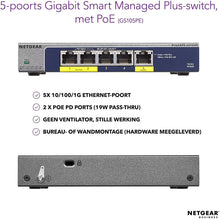 Load image into Gallery viewer, NETGEAR GS105PE Gigabit Plus Switch 5-Port Gigabit Ethernet Plus PoE Pass-Throu/PoE Power Down Switch With 2-Port PoE Out Ports
