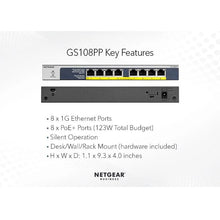 Load image into Gallery viewer, NETGEAR GS108PP 8-Port Gigabit Ethernet High-power PoE+ Unmanaged Switch with FlexPoE (123W)
