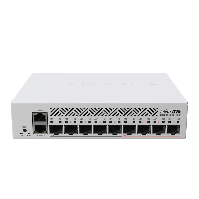 Коммутатор MikroTik CRS310-1G-5S-4S+IN с пятью портами 1G SFP, четырьмя портами 10G SFP+, фильтрацией VLAN с разгрузкой, маршрутизацией уровня 3