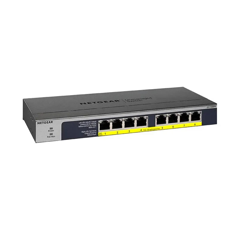 NETGEAR GS108PP 8-портовый неуправляемый коммутатор Gigabit Ethernet высокой мощности с поддержкой PoE+ и FlexPoE (123 Вт) 