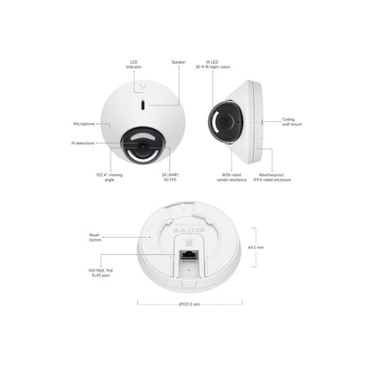 UBIQUITI UVC-G5-Dome G5 Dome Camera Next-gen 2K (4MP) HD PoE Ceiling Camera Enhanced Dynamic Range Low-Light Performance 9M 30Ft