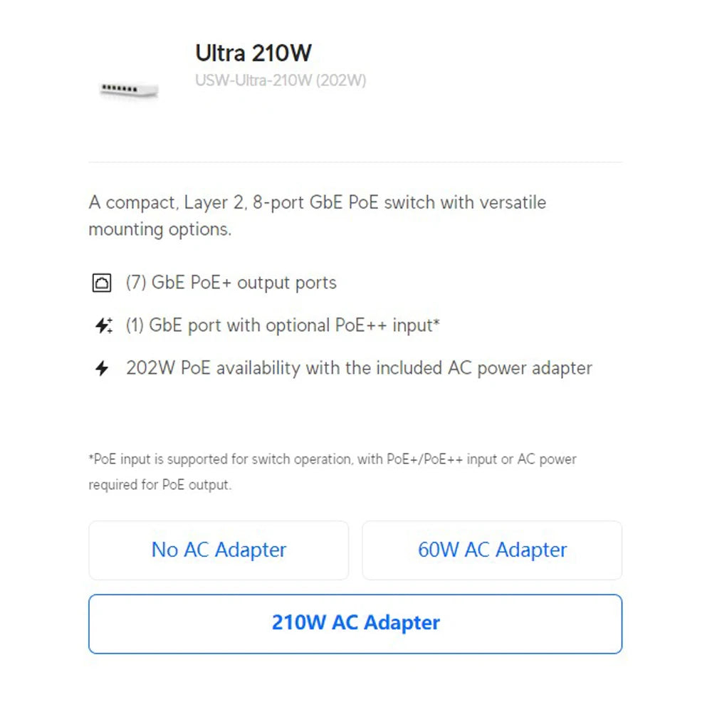 UBIQUITI Ultra USW-Ultra (42W), USW-Ultra-60W (52W), USW-Ultra-210W (202W), Layer 2, 8-Port GbE PoE Switch PoE+/PoE++