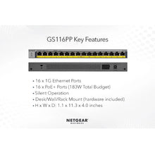 画像をギャラリービューアに読み込む, NETGEAR GS116PP 16-Port Gigabit Ethernet High-Power Unmanaged PoE+ Switch with FlexPoE (183W)
