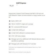 Load image into Gallery viewer, UBIQUITI UX Cloud Gateway UniFi Express Network Built-in WiFi 6 140 M² (1,500 Ft²) Single-Unit Coverage 50+Connected WiFi Device
