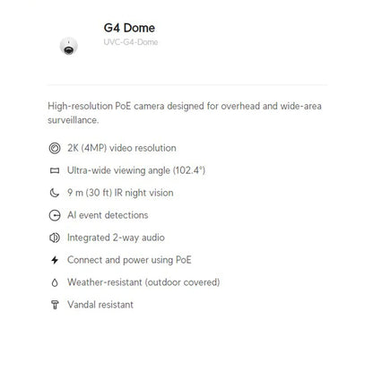 UBIQUITI UVC-G4-Dome Camera G4 Dome High-Resolution PoE Camera Designed For Overhead And Wide-Area Surveillance 2K (4MP) Video