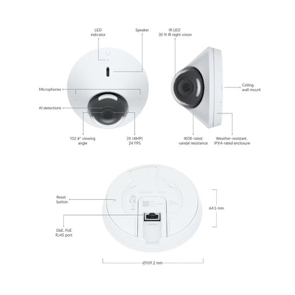 UBIQUITI UVC-G4-Dome Camera G4 Dome High-Resolution PoE Camera Designed For Overhead And Wide-Area Surveillance 2K (4MP) Video