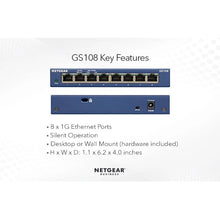 Load image into Gallery viewer, NETGEAR GS108 Gigabit Switch 8-Port 10/100/1000 Gigabit Ethernet, Bandwidth 16 Gbps, Unmanaged Desktop Switch
