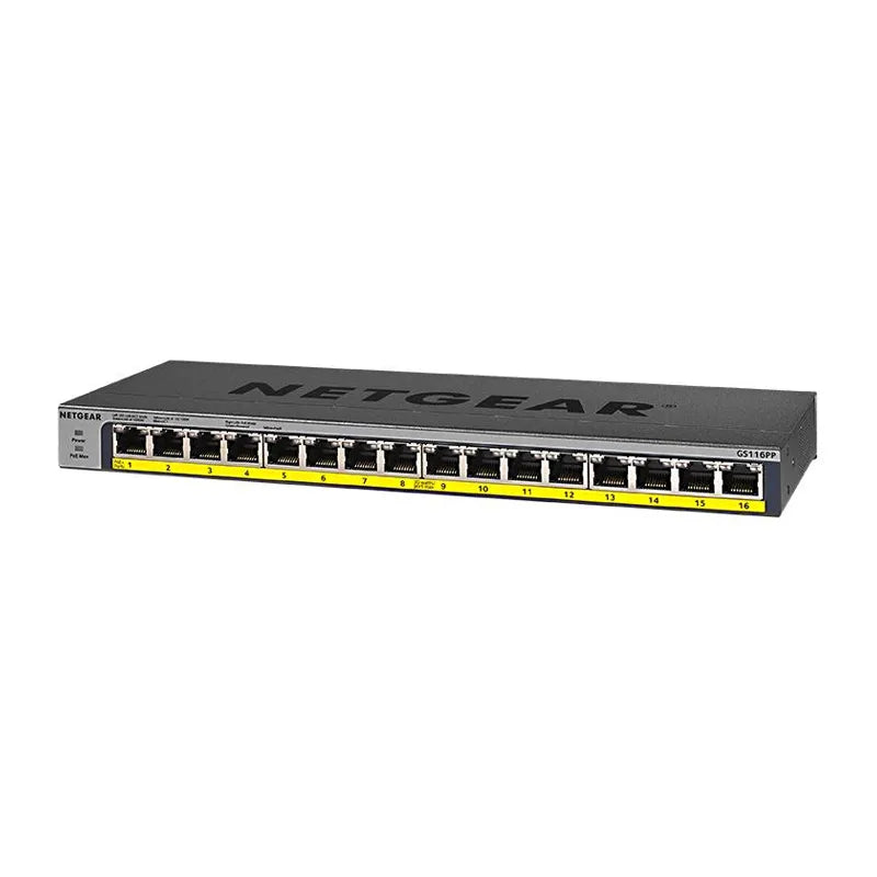 16-портовый неуправляемый коммутатор Gigabit Ethernet NETGEAR GS116PP высокой мощности с поддержкой PoE+ и FlexPoE (183 Вт) 