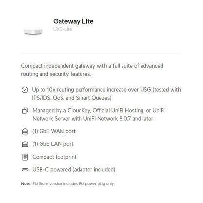 UBIQUITI UXG-Lite Gateway Lite 10x Routing Performance Increase Over USG, Managed By A CloudKey, Official UniFi Hosting